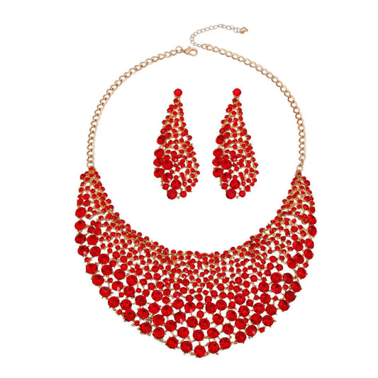 Stunning Round Cut Red Crystal Necklace Earrings Set Jewelry Bubble