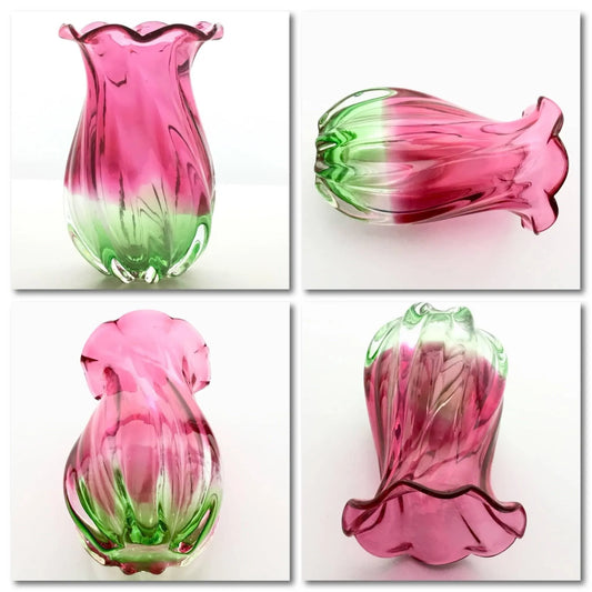 Stunning Ruffled Top Swirl Body Vintage Glass Vase Jewelry Bubble