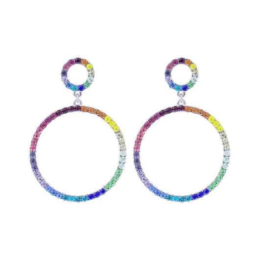 Stunning Silver & Rainbow Rhinestone Double Circle Drop Earrings – Stylish Statement Fashion Jewelry Pinktown