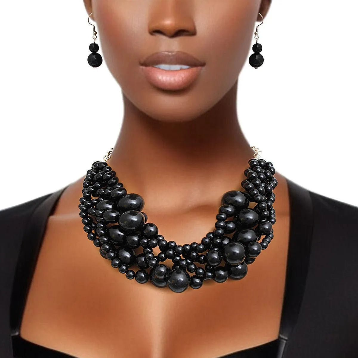 Stunning Torsade Necklace Black Pearls with Earrings - Timeless Elegance Jewelry Bubble