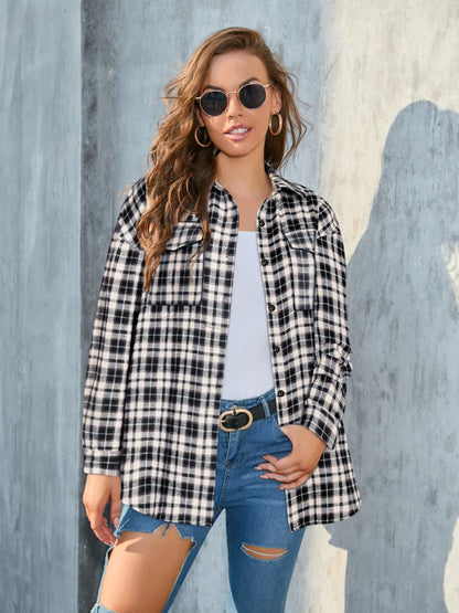 Stylish Casual Women's Plaid Print Shirt Jewelry Bubble