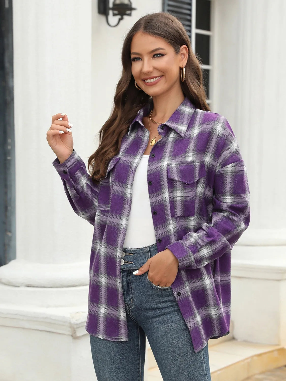 Stylish Casual Women's Plaid Print Shirt Jewelry Bubble