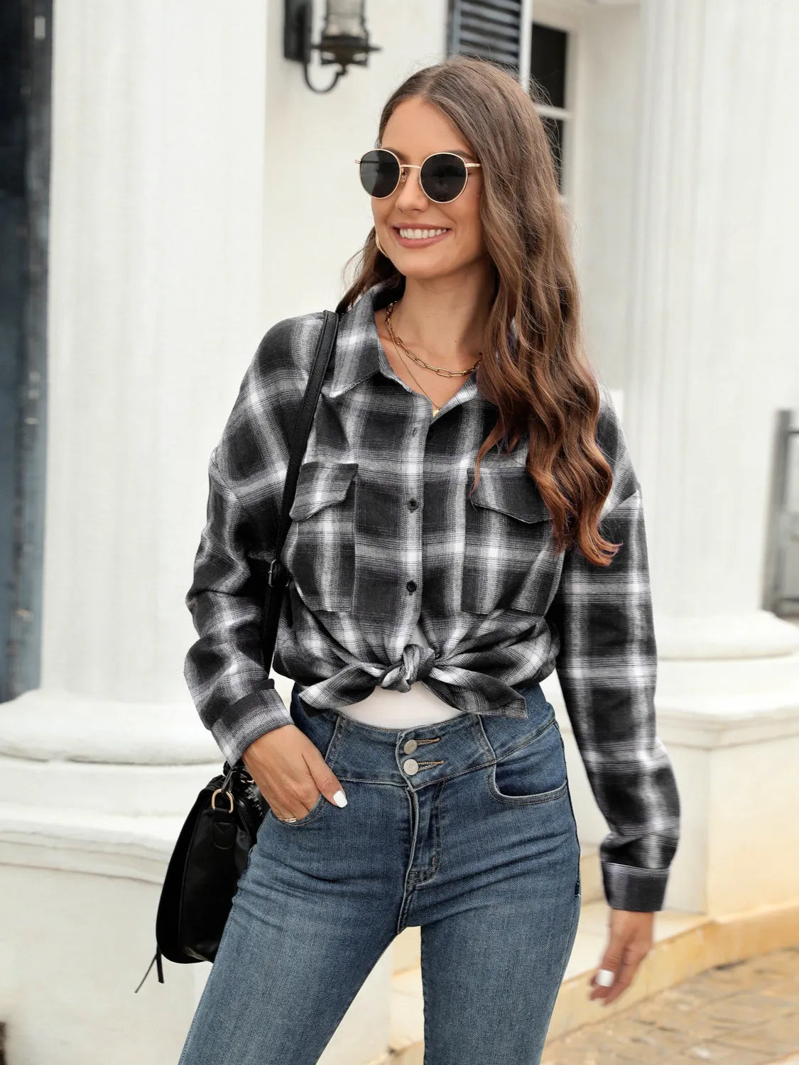 Stylish Casual Women's Plaid Print Shirt Jewelry Bubble