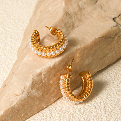 Stylish Gold C-Hoop Earrings with Pearl Accents - Elevate Your Look Jewelry Bubble