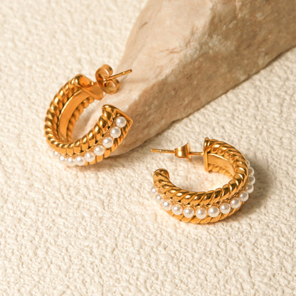 Stylish Gold C-Hoop Earrings with Pearl Accents - Elevate Your Look Jewelry Bubble