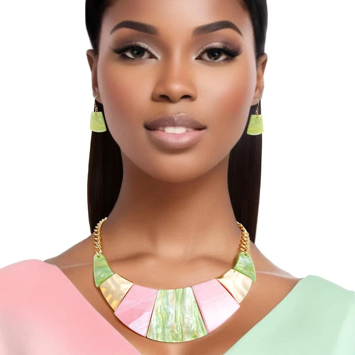 Stylish Marble Effect Pink Green Necklace Set: Gorgeous Fashion Jewelry Jewelry Bubble