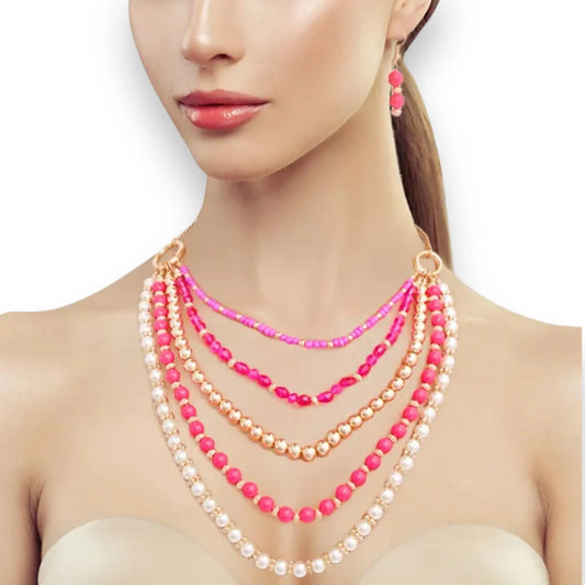 Stylish Multicolor Bead and Faux Pearl Layered Necklace Set Jewelry Bubble