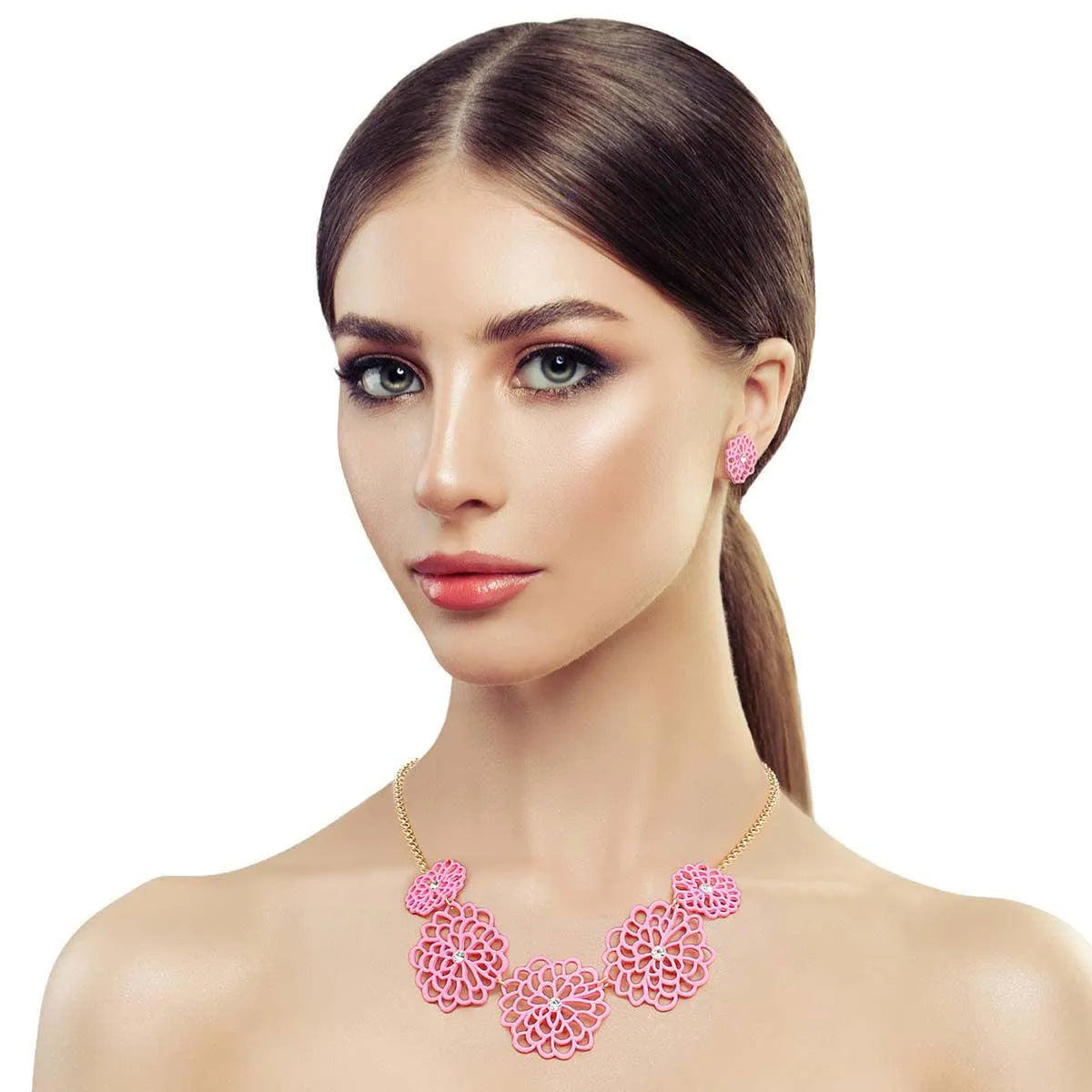 Summer Pink Flower Station Necklace Set - Shop Now! Jewelry Bubble