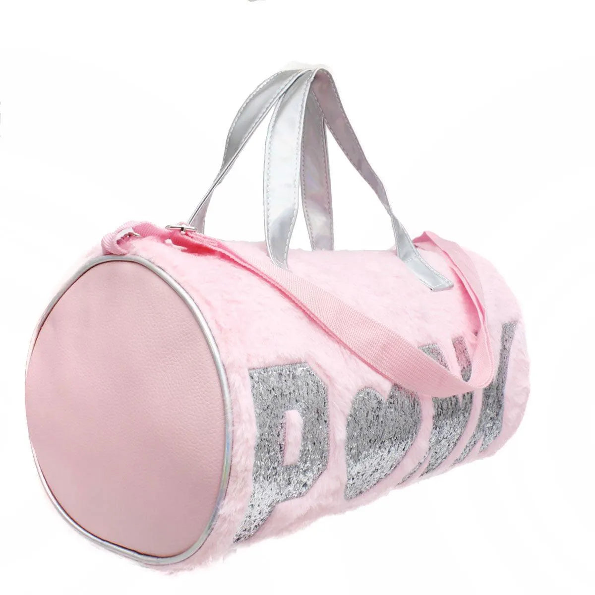 Super Cute Pink Faux Fur Silver Glitter Duffle Bag Jewelry Bubble