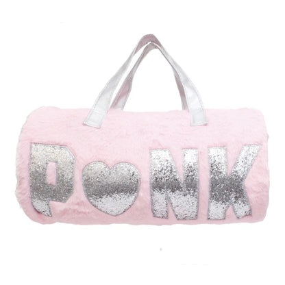 Super Cute Pink Faux Fur Silver Glitter Duffle Bag Jewelry Bubble