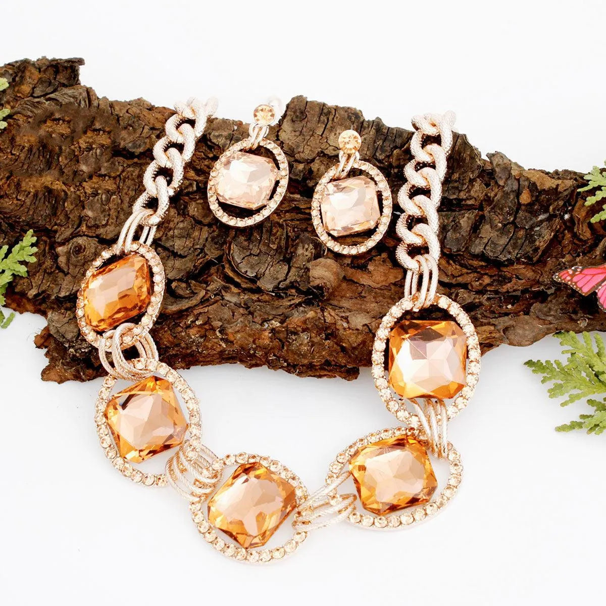 Textured Toggle Chain in Rose Gold with Peach Accents Necklace Set Jewelry Bubble