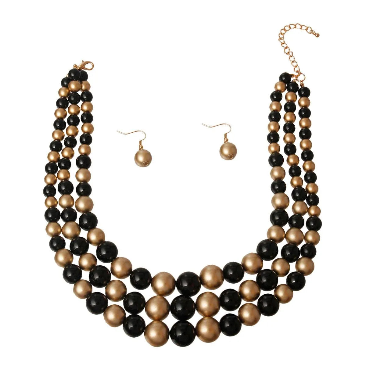 Three Strand Black/Gold Imitation Pearl Necklace Set Jewelry Bubble