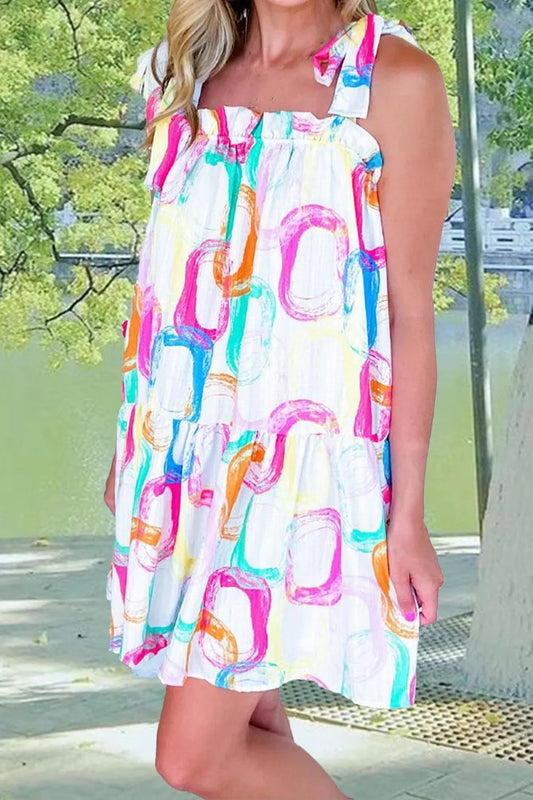 Tied Printed Sleeveless Mini Dress Jewelry Bubble