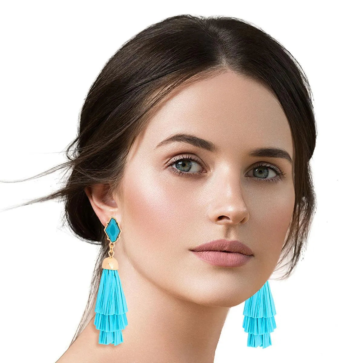 Tiered Raffia Tassel Earrings in Blue Jewelry Bubble