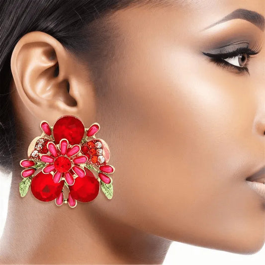 Timeless Red Open Flower Earrings Gold - Elegant and Versatile Pinktown