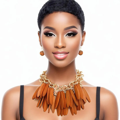 Transform Your Look: Brown Fringe Choker Necklace Set Jewelry Bubble