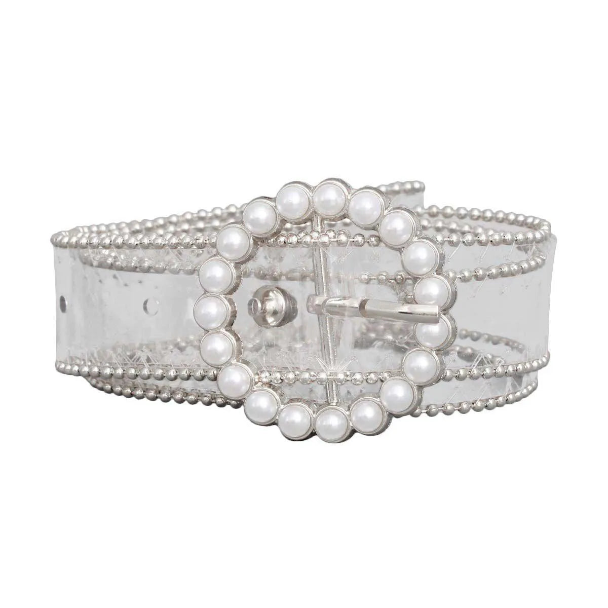 Transparent Belt Silver Tone and Pearlized Bead Embellished Jewelry Bubble