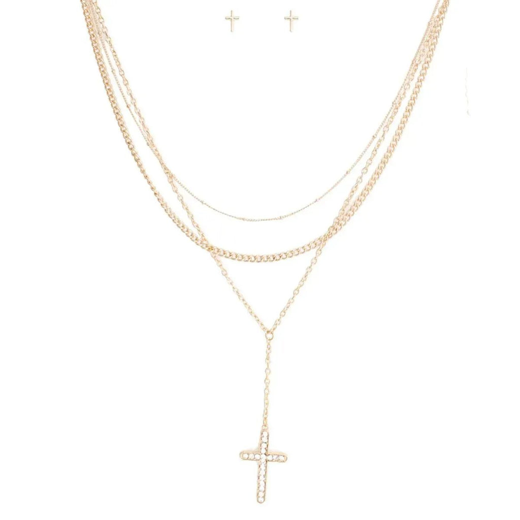 Triple Chain Cross Necklace Set Gold Plated