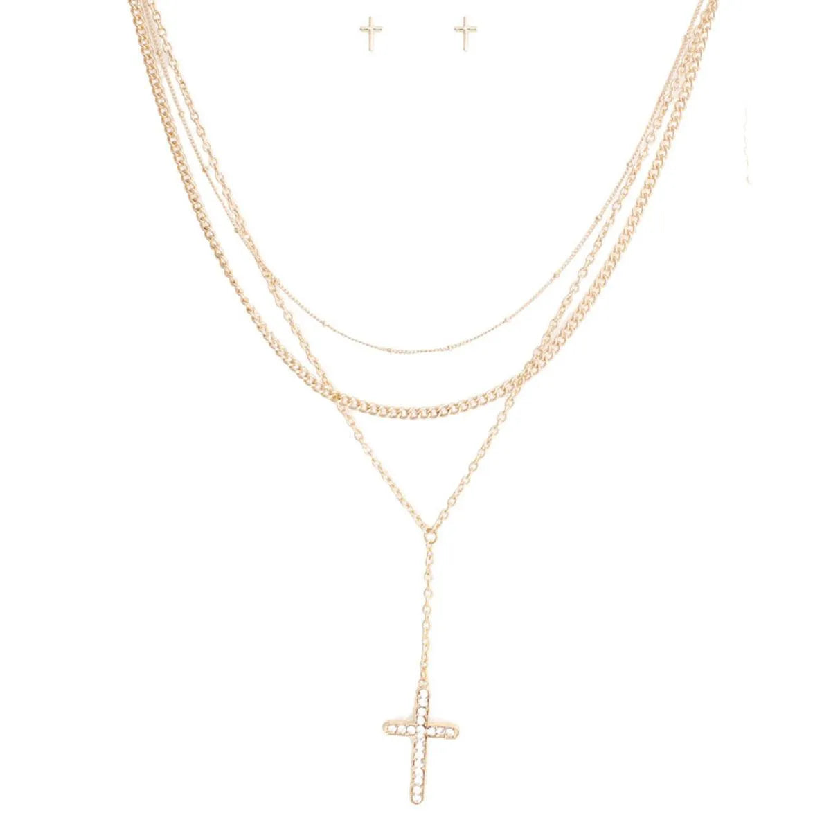 Triple Chain Cross Necklace Set Gold Plated Jewelry Bubble