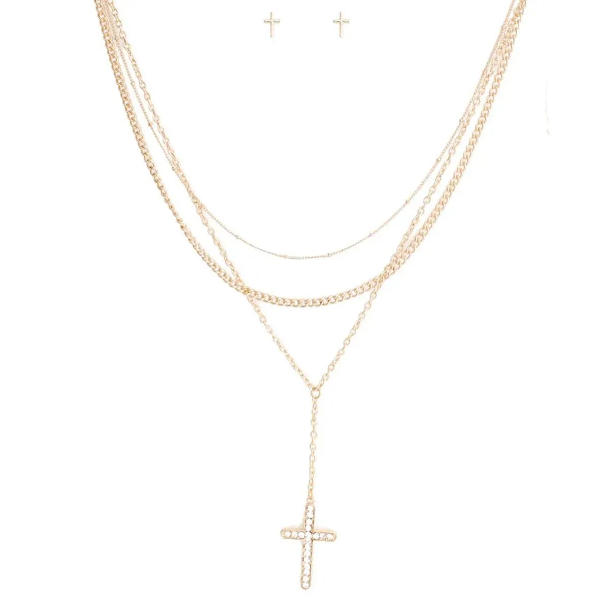 Triple Chain Cross Necklace Set Gold Plated