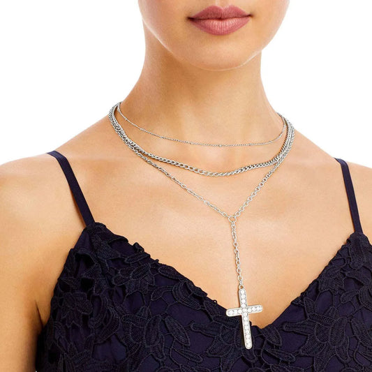 Triple Chain Cross Necklace Set Silver Plated Jewelry Bubble