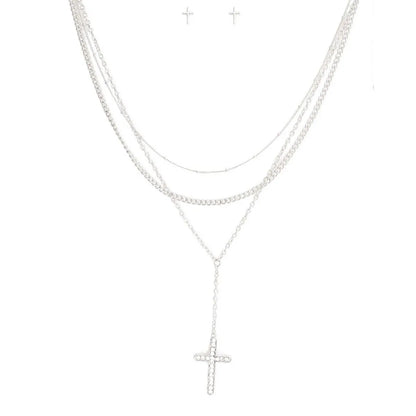 Triple Chain Cross Necklace Set Silver Plated Jewelry Bubble