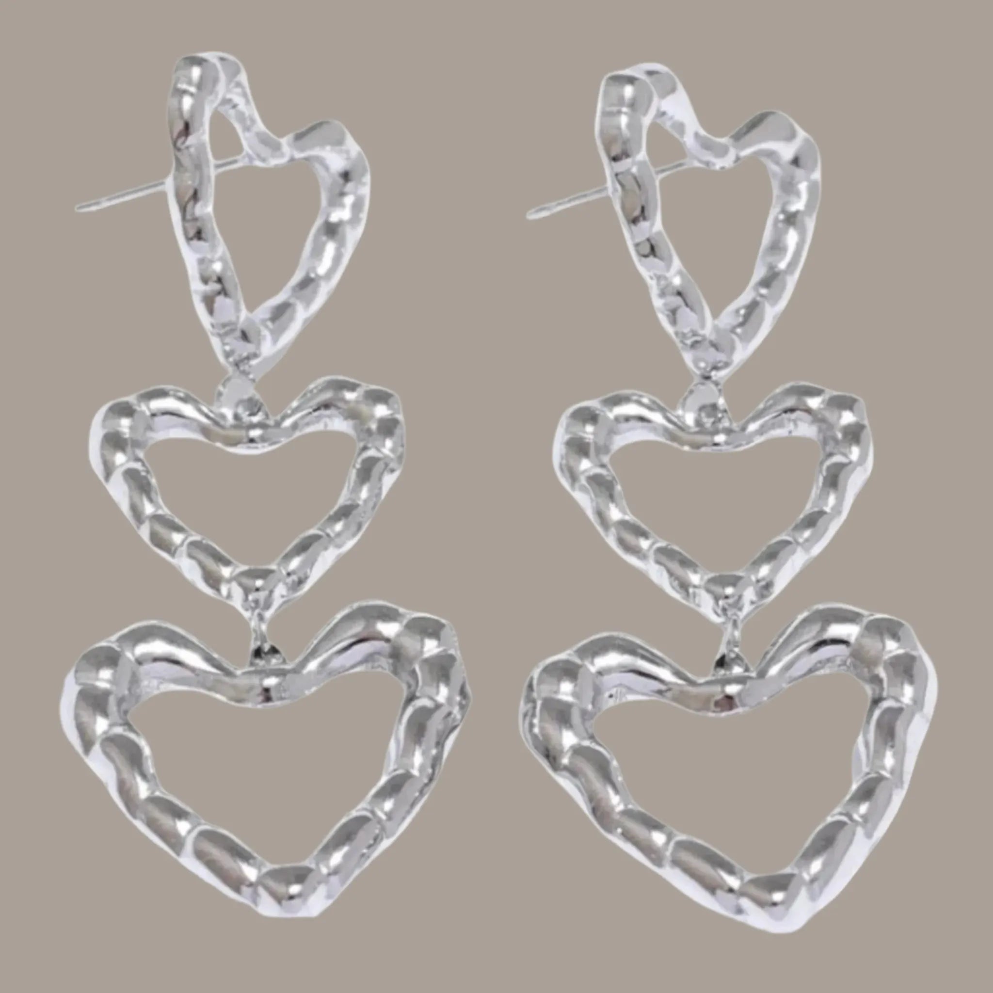 Triple Heart Dangle Earrings Silver & Gold Tone Option