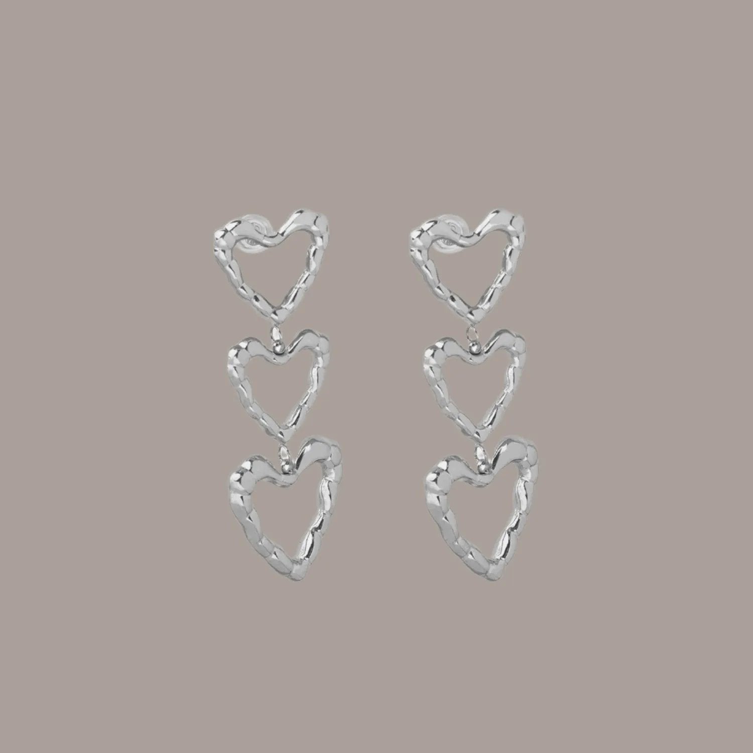 Triple Heart Dangle Earrings Silver & Gold Tone Option