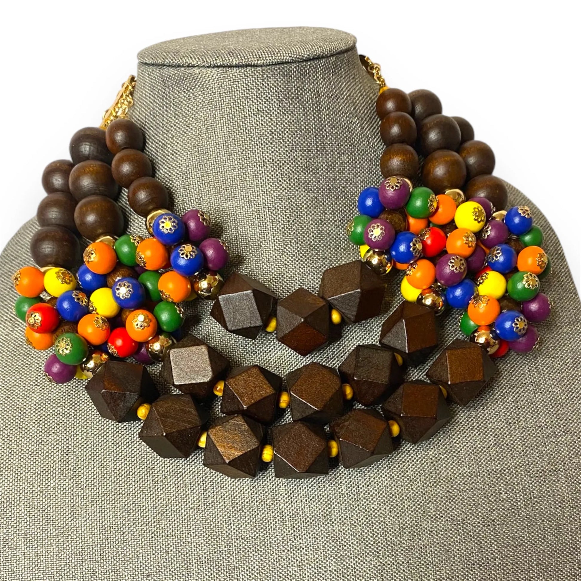 Triple Layer Wooden Bead Necklace Set Jewelry Bubble