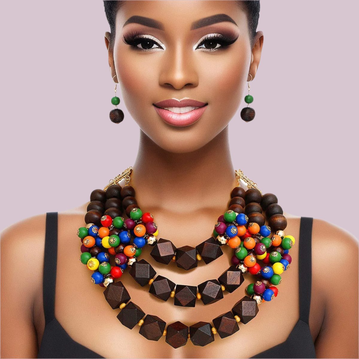 Triple Layer Wooden Bead Necklace Set Jewelry Bubble