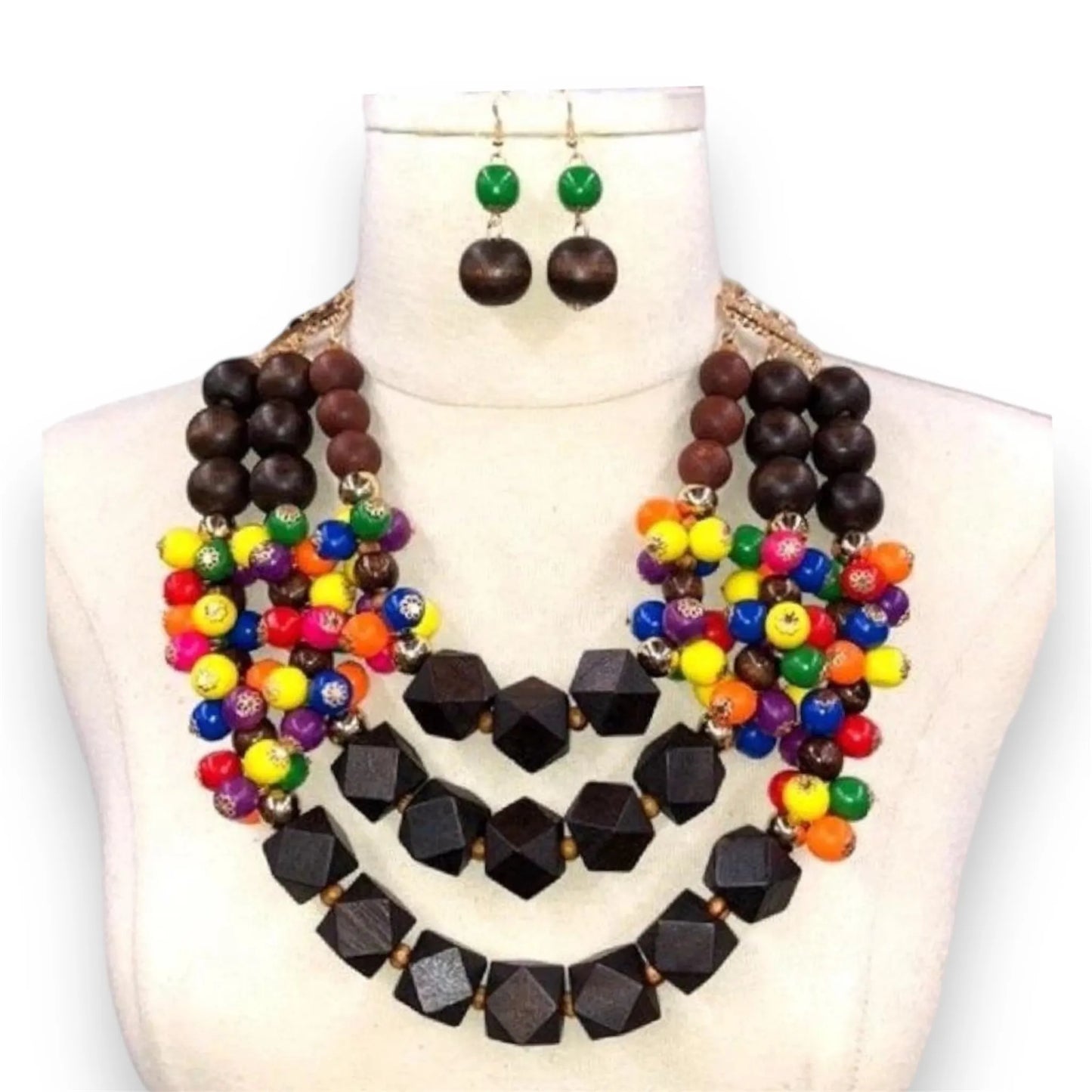 Triple Layer Wooden Bead Necklace Set Jewelry Bubble