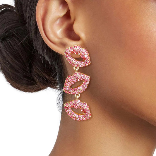Triple Linked Pink Lips Drop Earrings - Bold and Beautiful Jewelry for Women Pinktown