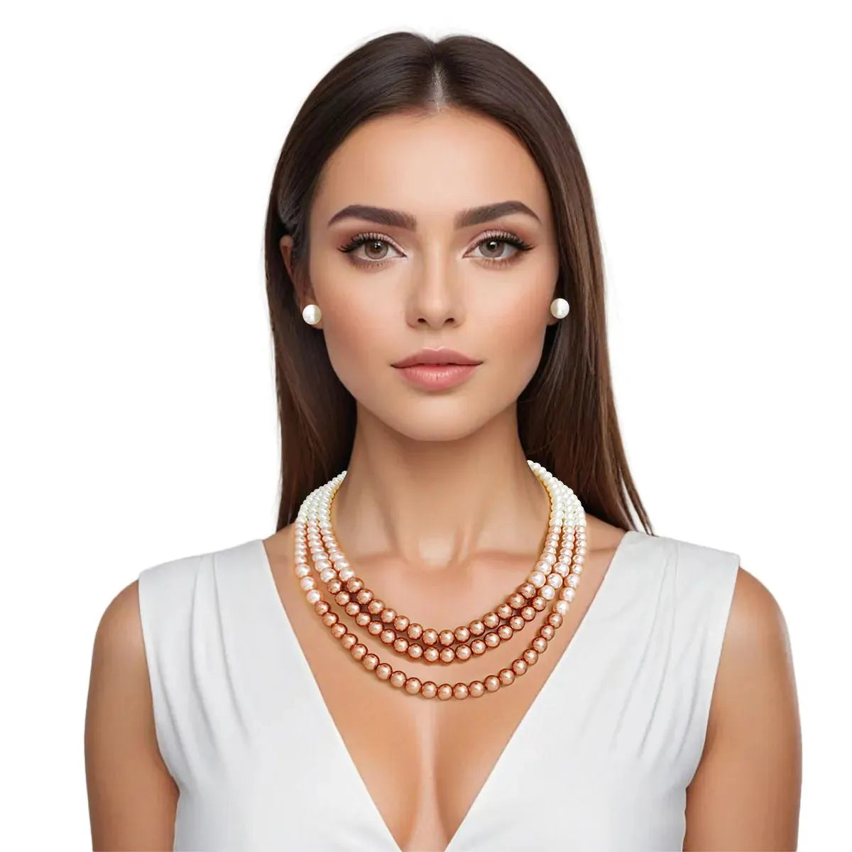 Triple Strand Pearl Necklace Set in Brown & Cream - Stand Out Fashion Jewelry Jewelry Bubble