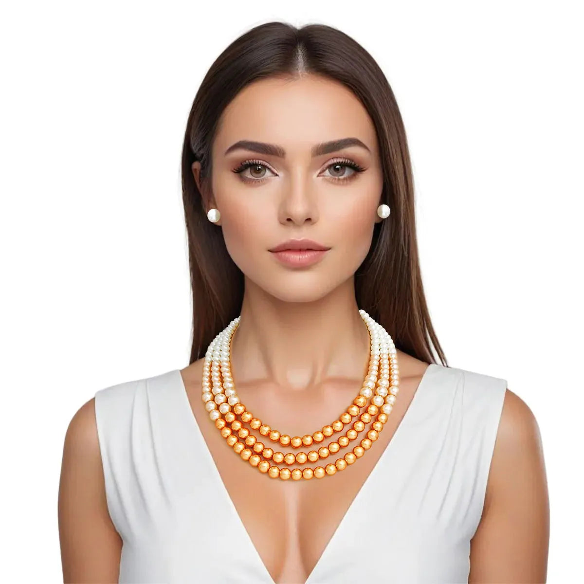 Triple Strand Pearl Necklace Set in Orange & Cream - Stand Out Fashion Jewelry Jewelry Bubble