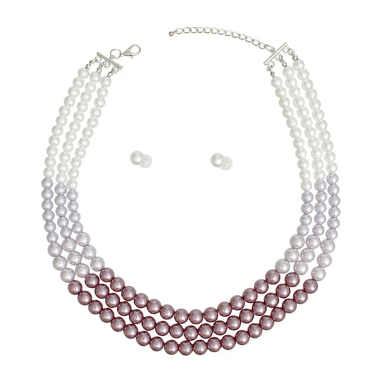 Triple Strand Pearl Necklace Set in Purple & White - Stand Out Fashion Jewelry Jewelry Bubble