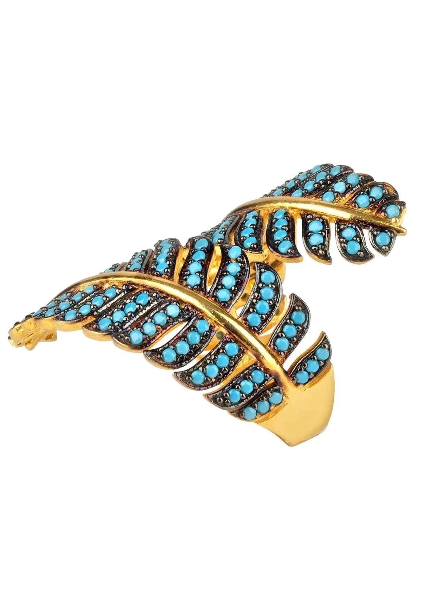 Tropical Leaf Cocktail Ring Turquoise-blue CZ Gold Plated Jewelry Bubble