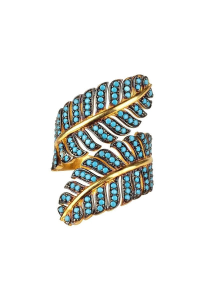 Tropical Leaf Cocktail Ring Turquoise-blue CZ Gold Plated Jewelry Bubble