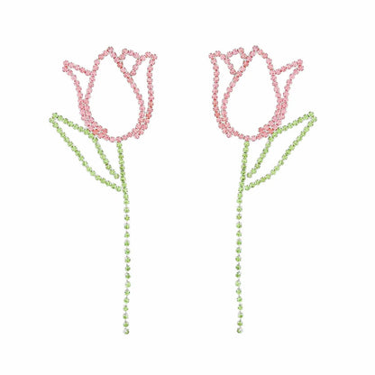 Tulip Drop Earrings Pink and Green Rhinestones: Elevate Your Fashion Jewelry Game Jewelry Bubble