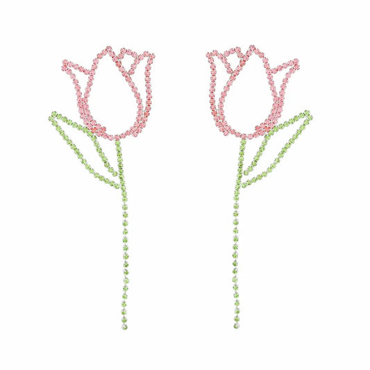 Tulip Drop Earrings Pink and Green Rhinestones: Elevate Your Fashion Jewelry Game Pinktown