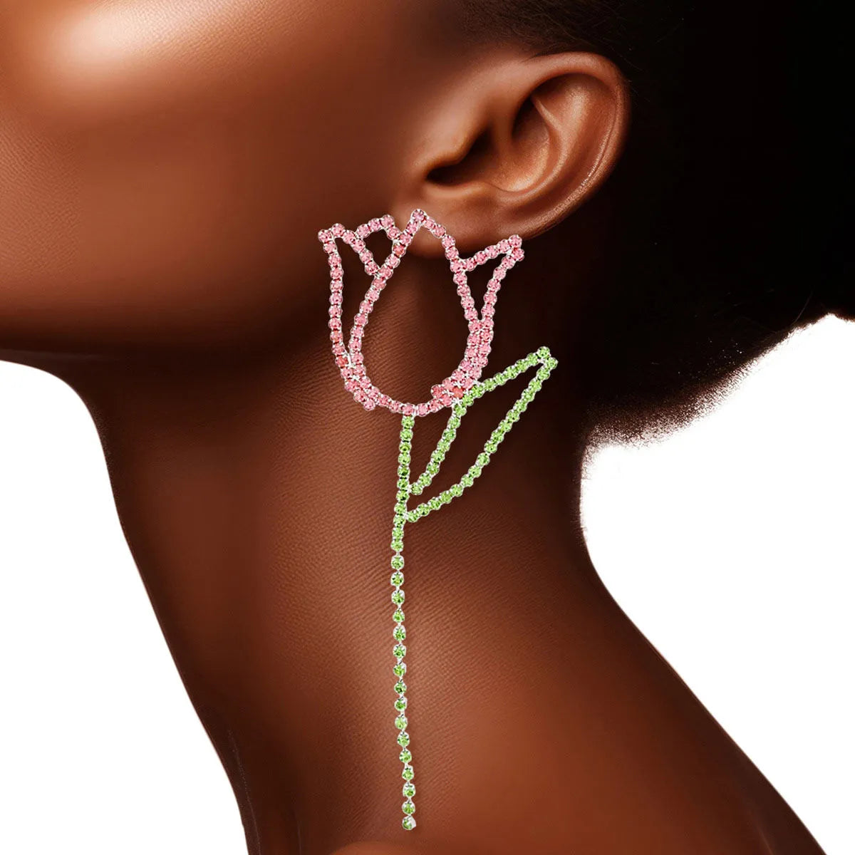 Tulip Drop Earrings Pink and Green Rhinestones: Elevate Your Fashion Jewelry Game Jewelry Bubble