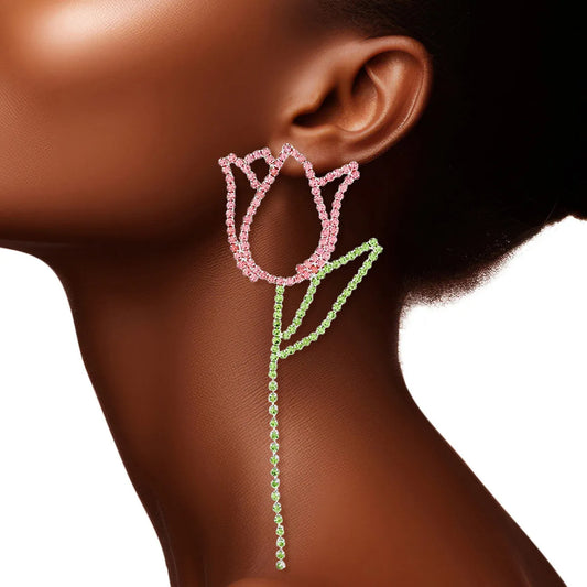 Tulip Drop Earrings Pink and Green Rhinestones: Elevate Your Fashion Jewelry Game Pinktown