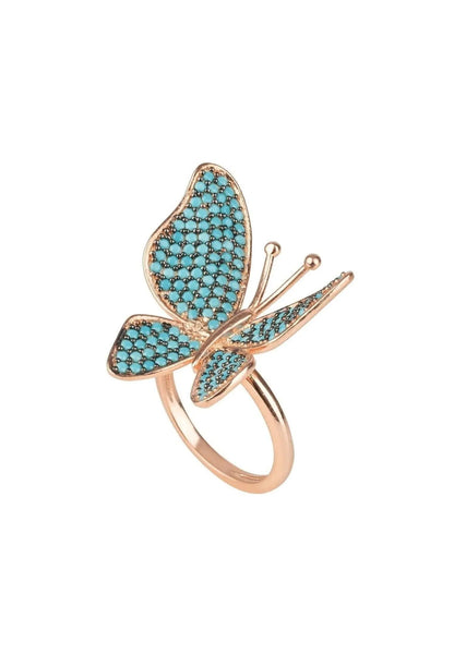 Turquoise CZ Butterfly Cocktail Ring Rose Gold Plated Jewelry Bubble