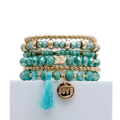 Turquoise-blue Stretch Bracelet Set Tassel Love Charm Jewelry Bubble