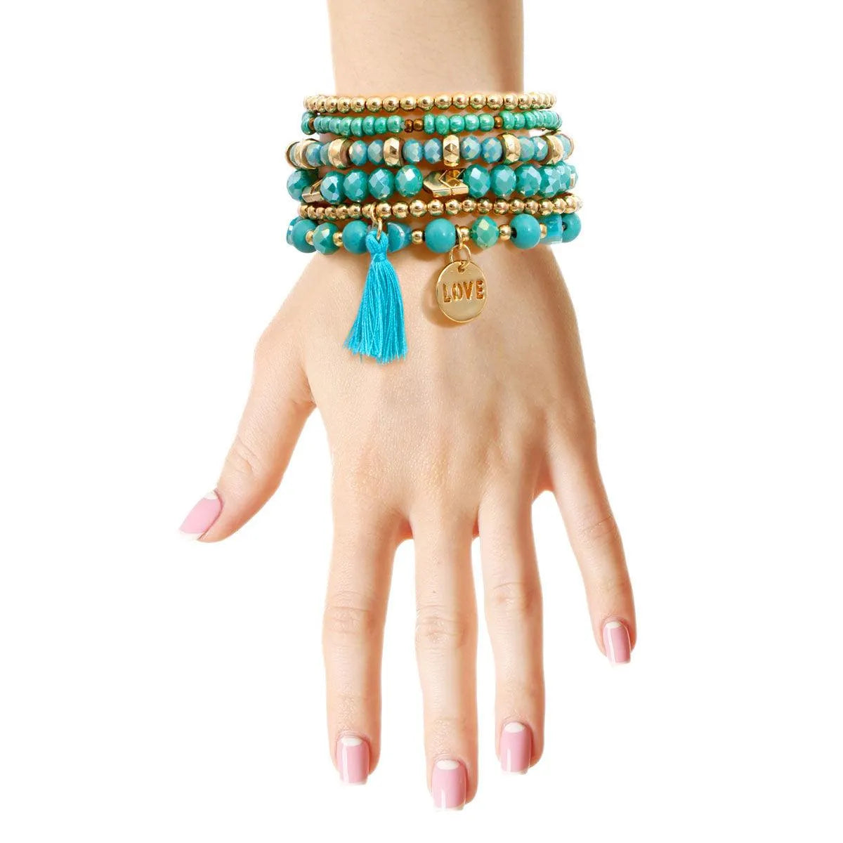 Turquoise-blue Stretch Bracelet Set Tassel Love Charm Jewelry Bubble