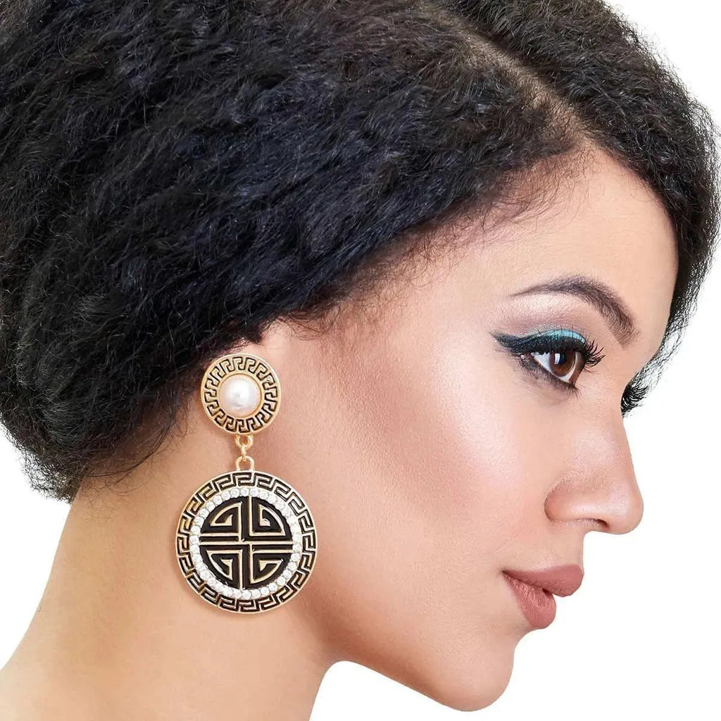 Two-Tone Greek Key Medallion Earrings Gold/Black