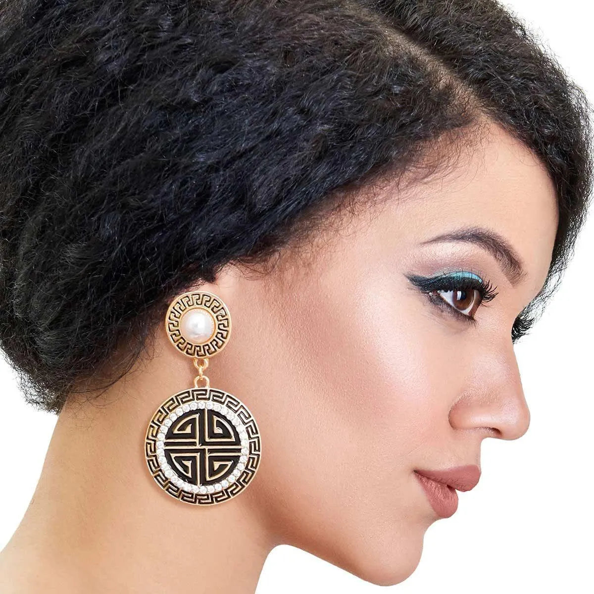 Two-Tone Greek Key Medallion Earrings Gold/Black Jewelry Bubble