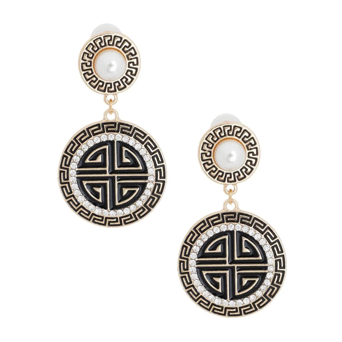 Two-Tone Greek Key Medallion Earrings Gold/Black Jewelry Bubble