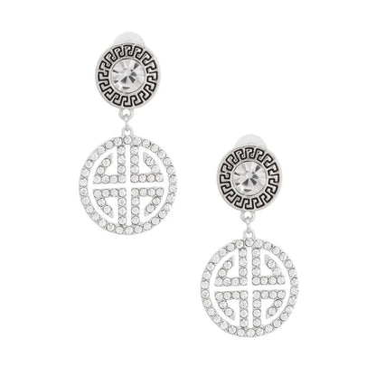 Two-Tone Greek Key Medallion Earrings Silver Pinktown