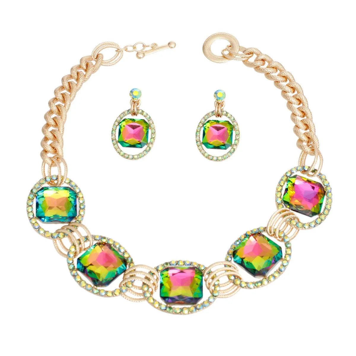 Unique Gold Necklace Set with Textured Chain & Vibrant Accents Jewelry Bubble