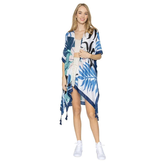 Upgrade Your Style with Our Blue Palms Kimono Coverup Top Jewelry Bubble